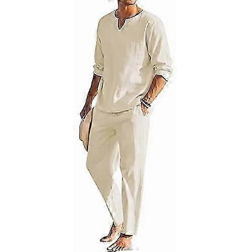 Herren 2 Stück langärmliges Baumwoll-Leinen-Set