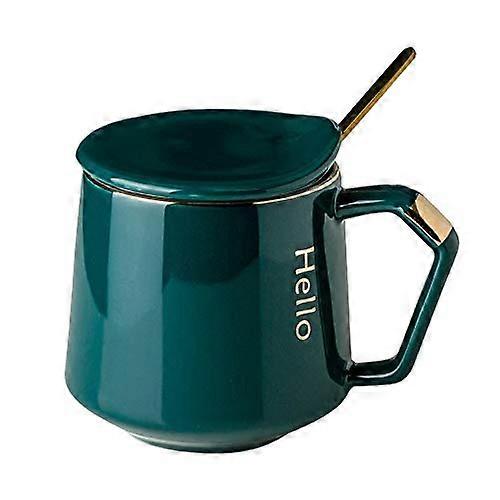 Ceramic Coffee Mug 250 ml with Lid, 8.45 oz Cappuccino Cup, Coconut Design, Handle Cocoa Espresso Juice Cup in Brown/K Green