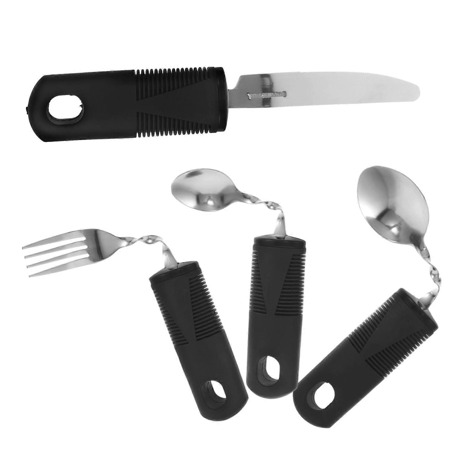 4piece set with nonslip grip, adjustable bendable eating utensils for seniors with hand tremors, antishake technology for safety.