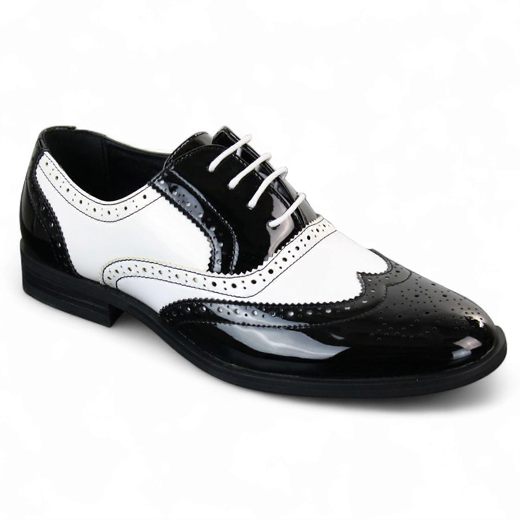Herren Lack Schnürung Schwarz Weiß Brogues Smart Glänzend Party Kleid Schuhe