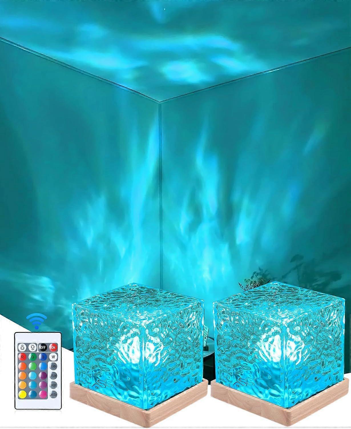 2 PCs Cordless Lava Lamp, Rechargeable Northern Lights Cube Ocean Wave Projector