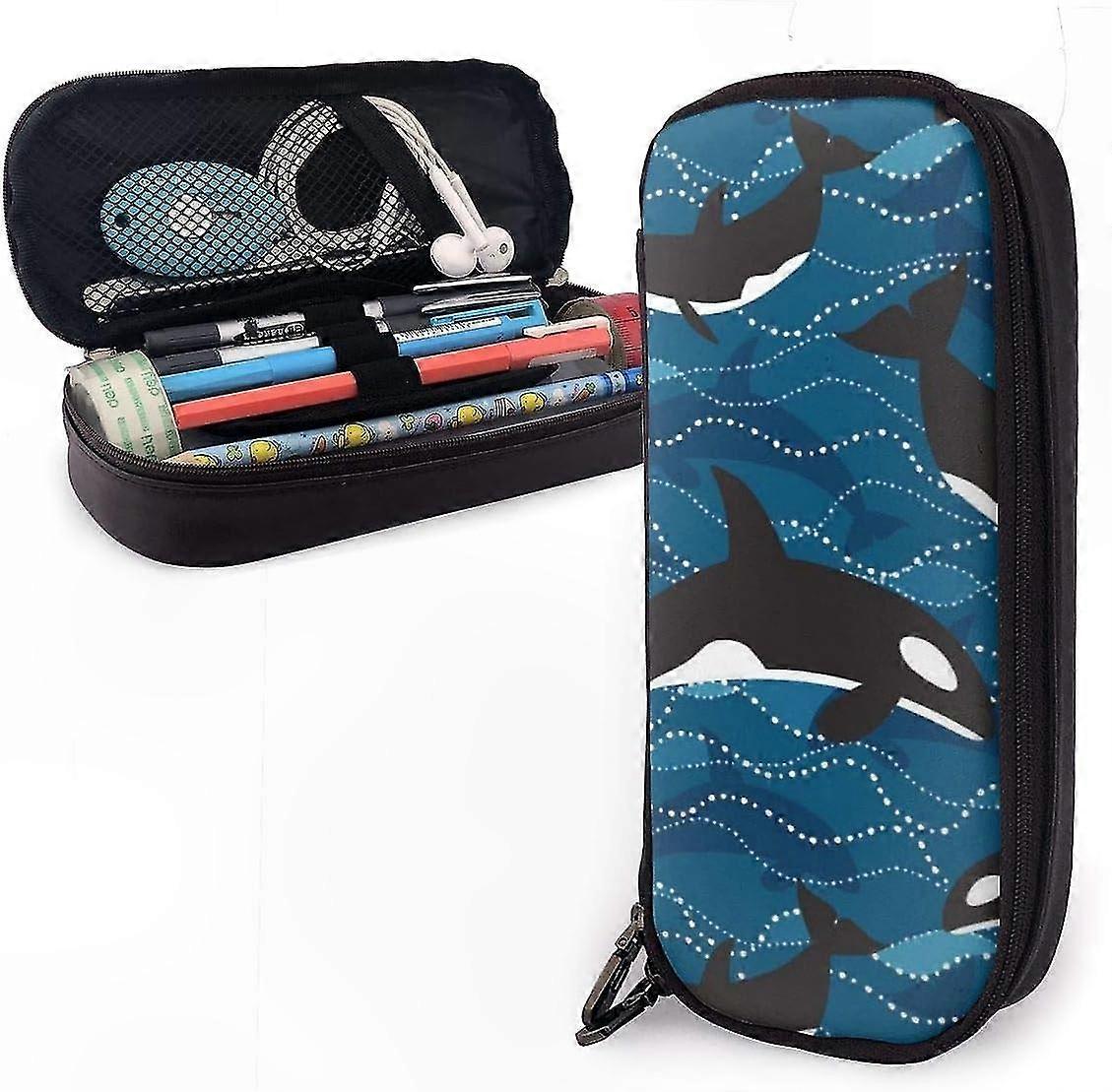 Ocean Orcas Large Capacity Zippered Pencil Case Organizer for School and Office Use