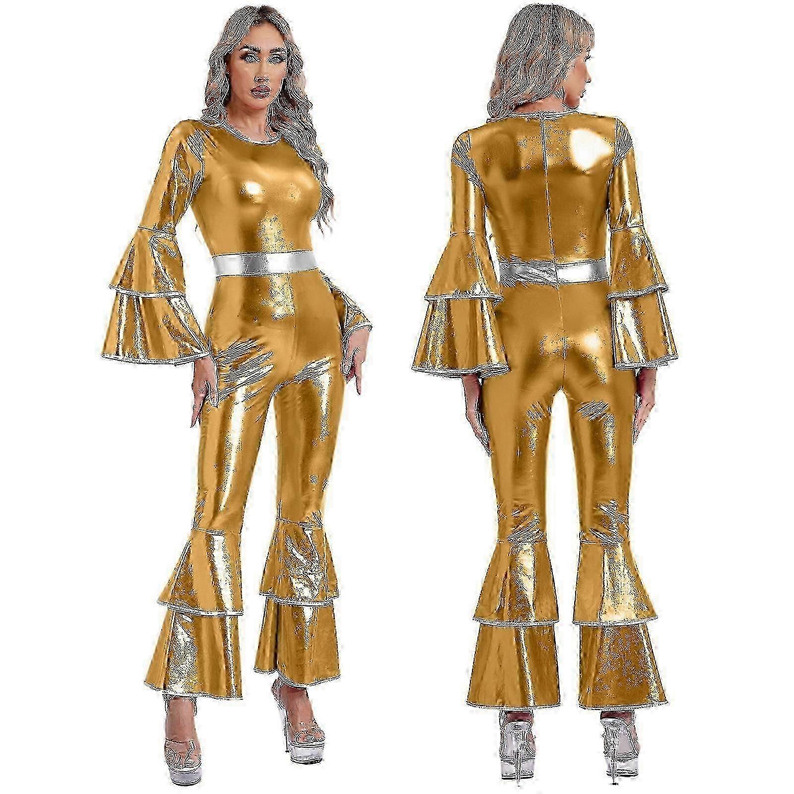 جمبسوت نسائي كلاسيكي من السبعينيات بتصميم ديسكو لامع وجزء سفلي جرسي وزي تشجيع هيبي وحفلات الهالوين وأزياء تنكرية ZZ15