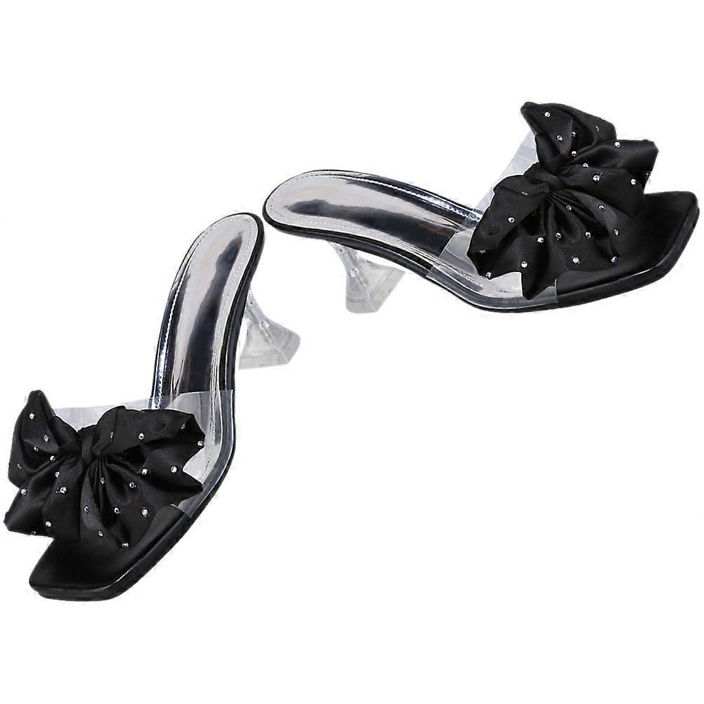 Bow Heels Mules Heels Slide Slippers for Women 2Pairs Stylish Black Bow Slides