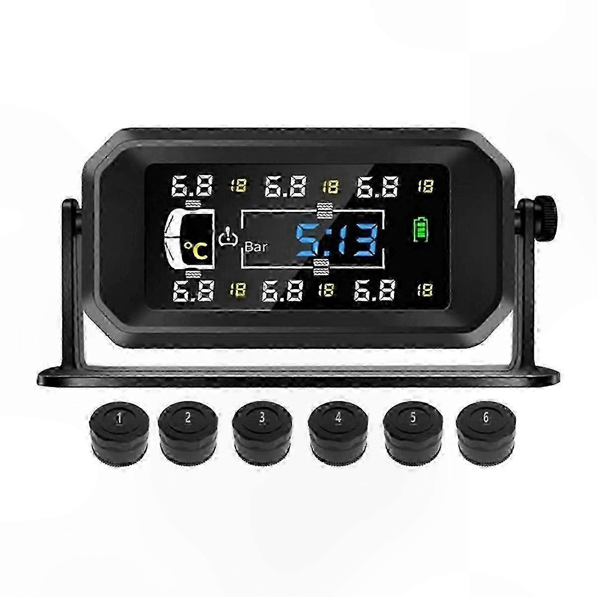 6-Wheel Solar TPMS for Vehicles with Tire Pressure and Temperature Monitoring Clock Function