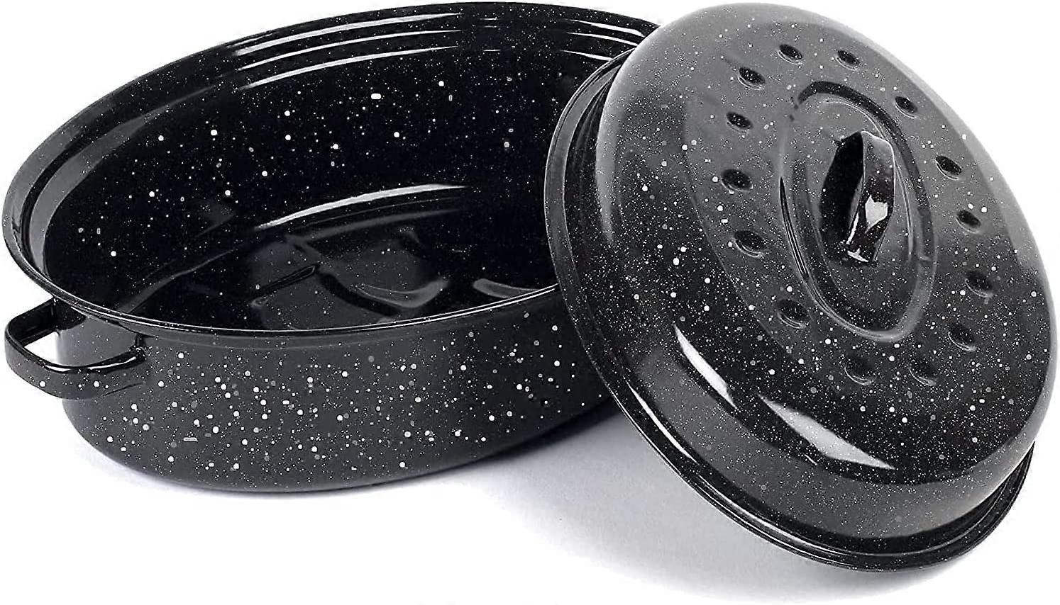 Plat à rôtir ovale de 14,6 po avec couvercle – Acier au carbone émaillé, antiadhésif et chaleur uniforme – Idéal pour la dinde, le poulet et les légumes – Cadeau idéal