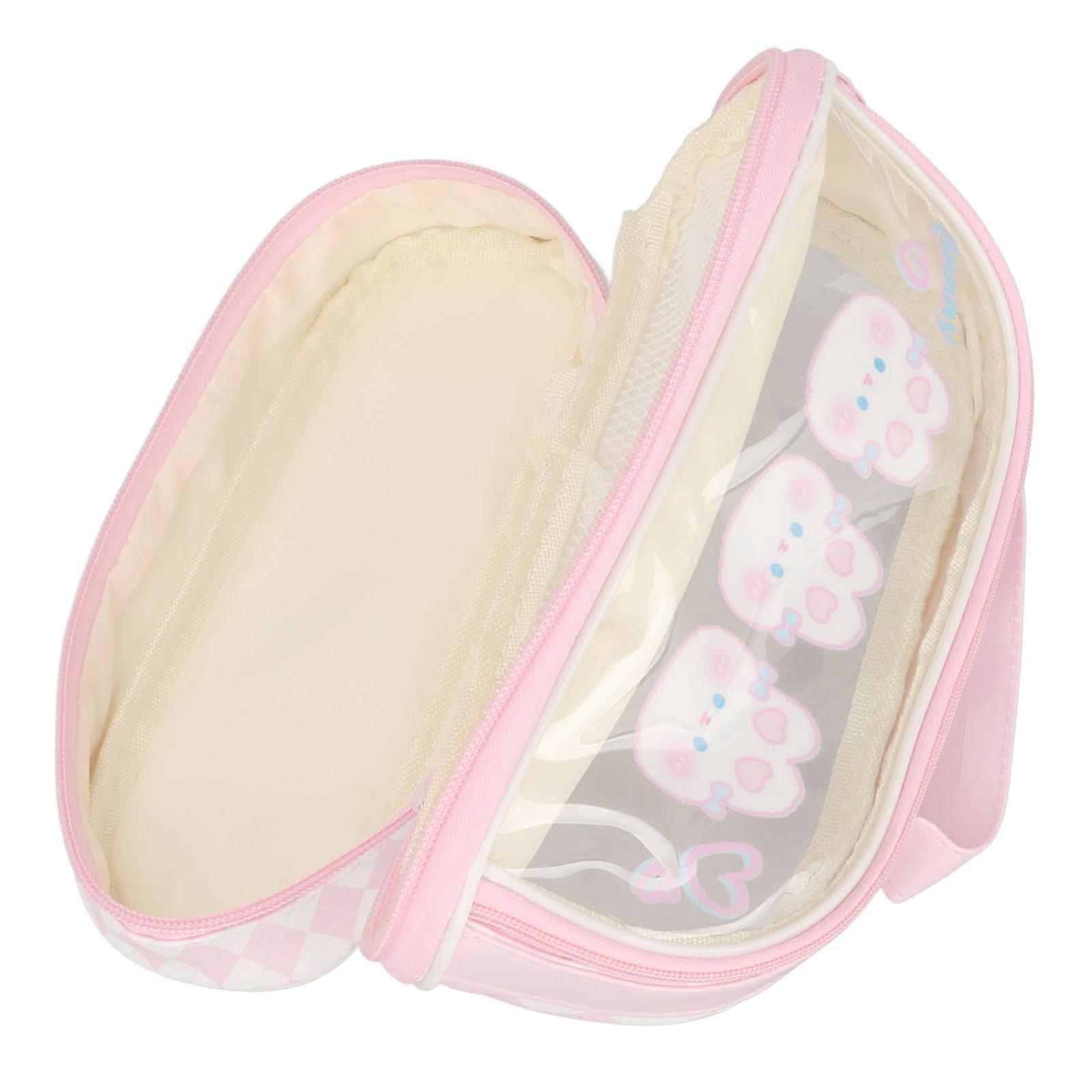 Cute Rabbit Pen Bag Rabbit Pattern Double Layer Waterproof Transparent Kawaii Pencil Case Pink Cosmetic Bag with Handle for Kids 