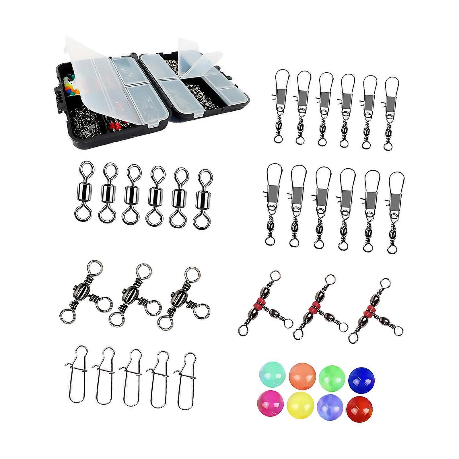 140Pcs/Set Barrels Swivels Fishing Swivels Snaps Set 3 Way Crossline Barrels Rolling Swivels with Beads and Storage Box Multicolor