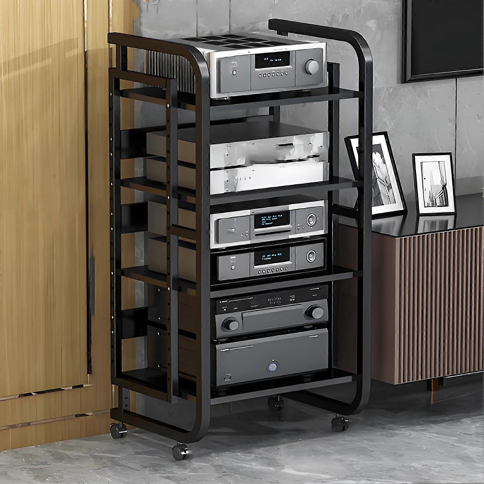 AV Media Stand for Record Player and TV, Height Adjustable Audio Rack with Wheels, Black Media Storage Cabinet 19.6"x16.7"x35.4"