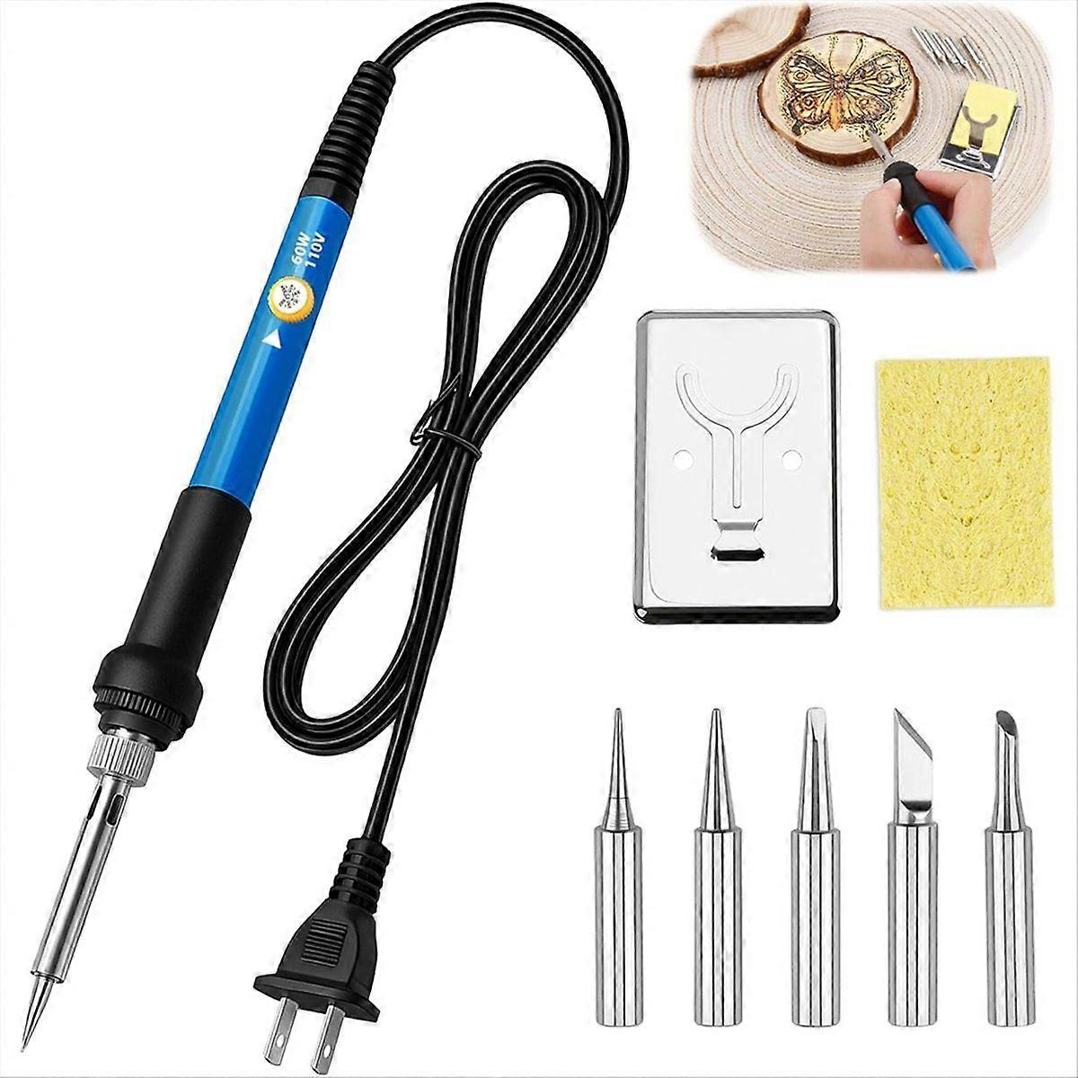 , 6 - Temp Adjustable Iron with 5 Tips & Sponge, for Pyrography Art & DIY Wood Crafts US Plug