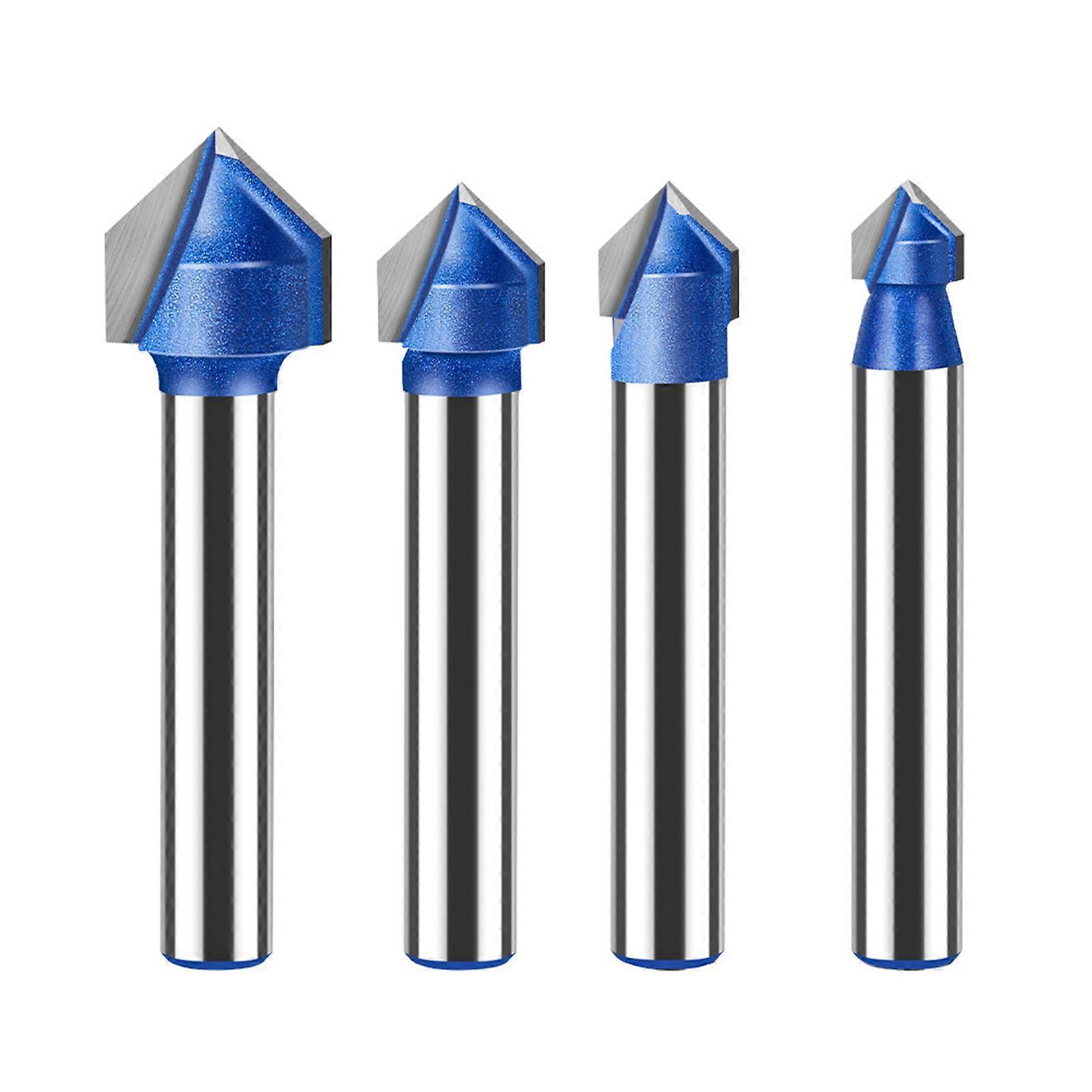 4 Piece Set 90 Degree Carbide Tipped 2 Flute V Shape Router Bits for Woodworking Engraving Chamfer Bevel Cutter Tools Multicolor