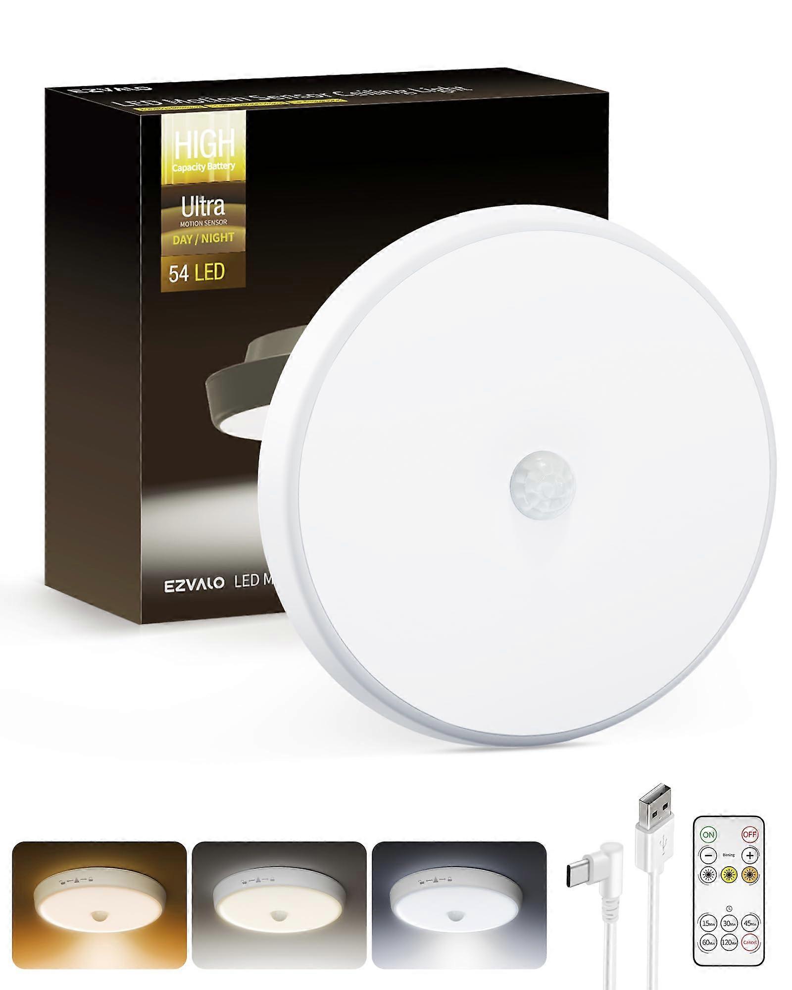Motion Sensor Ceiling Light Indoor, Rechargeable LED, Remote Control, Dimmable 3 Color Modes, 10000mAh