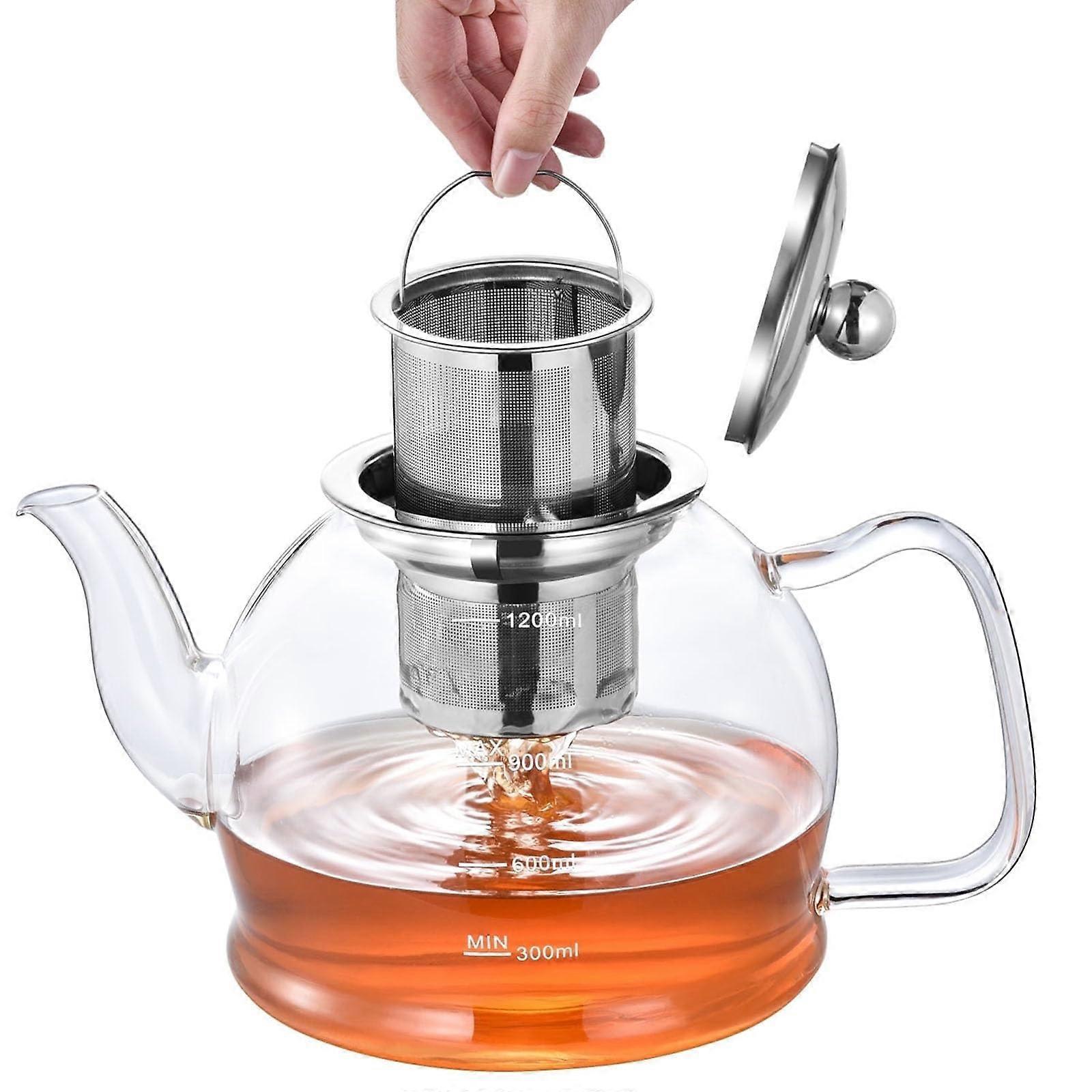 Glass Teapot with Infuser 1200ml Borosilicate Kettle for Loose Leaf Tea Stovetop Microwave Safe