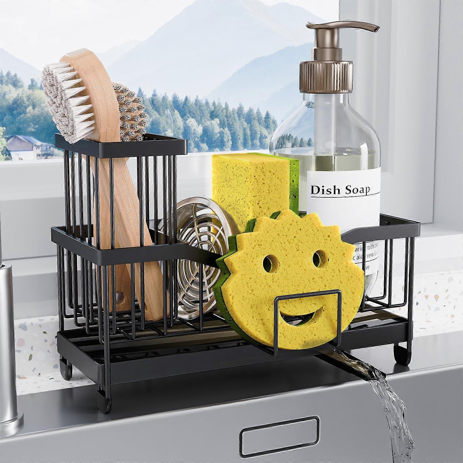 Stainless Steel Kitchen Sink Caddy Organizer with Brush Holder, Rustproof QuickDrain Design