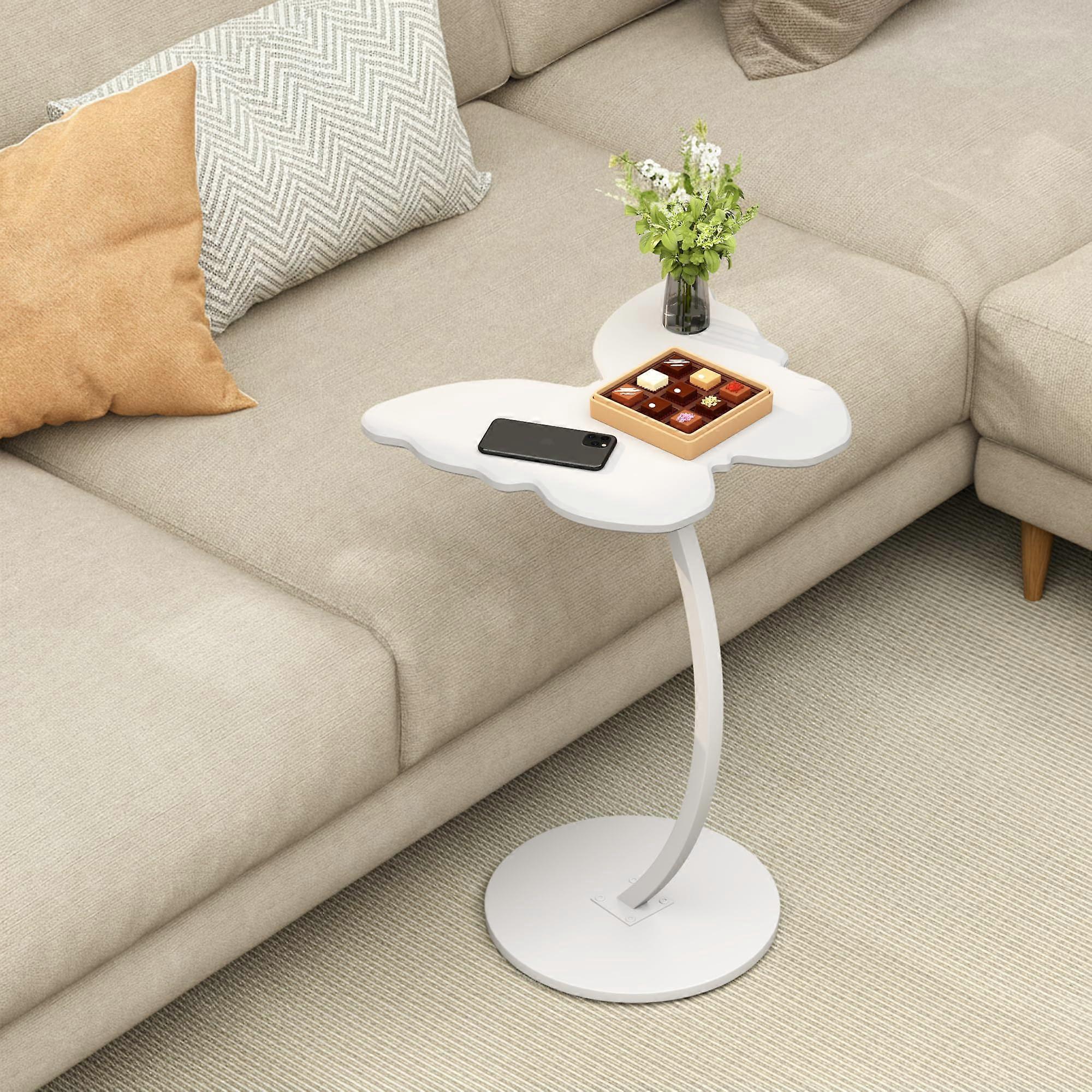 C Shaped Side Table with Unique Butterfly Design, Modern White Metal Accent for Sofa and Bed