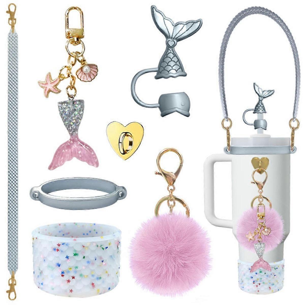 INF Mermaid 7-delt tilbehørssæt til Stanley Tumblers Fish Shell Silikone Kopholder, Rem, Berloc