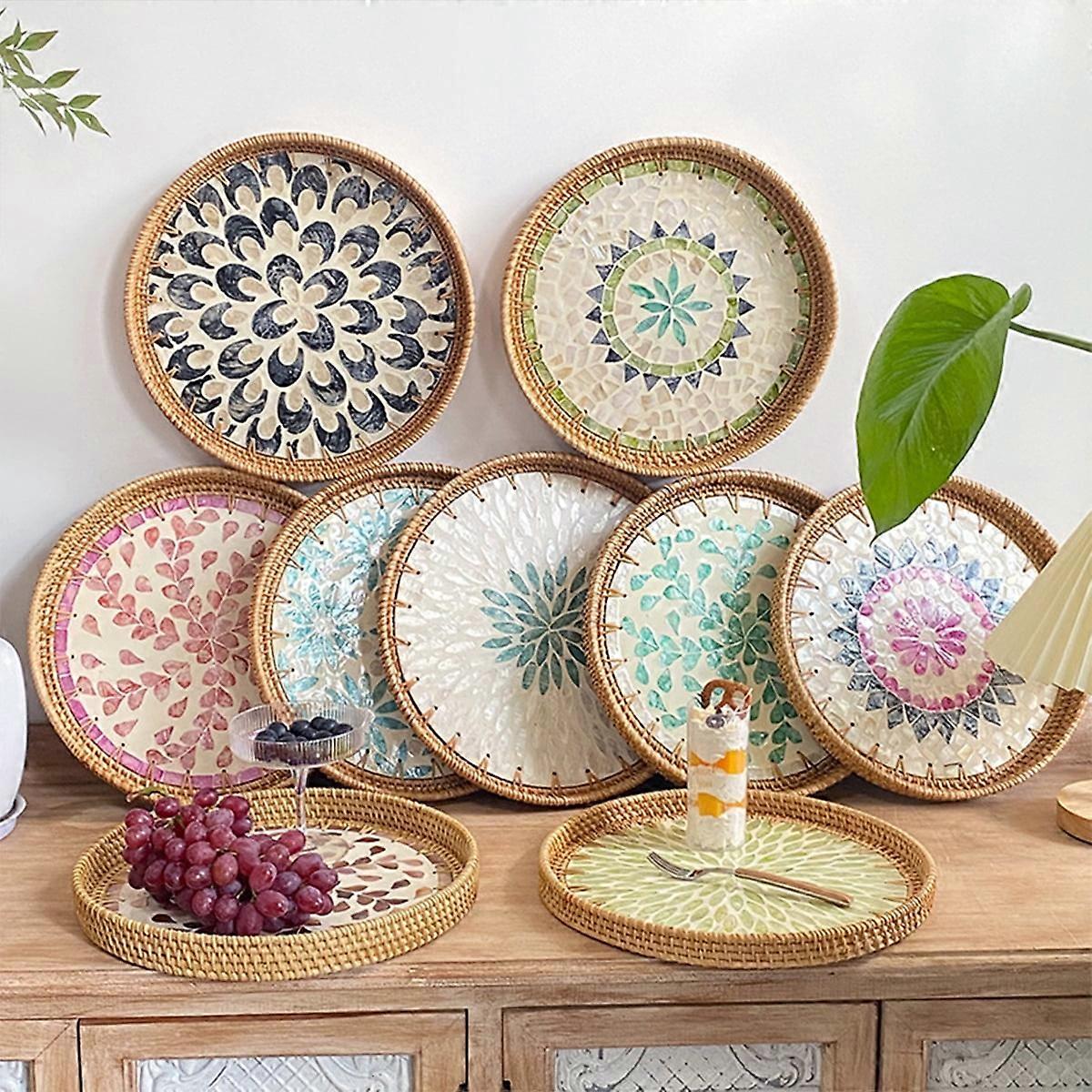 Vorkoi Rattan Weaving Rattan Serving Tray Basket, Round Tray with Mother of Pearl