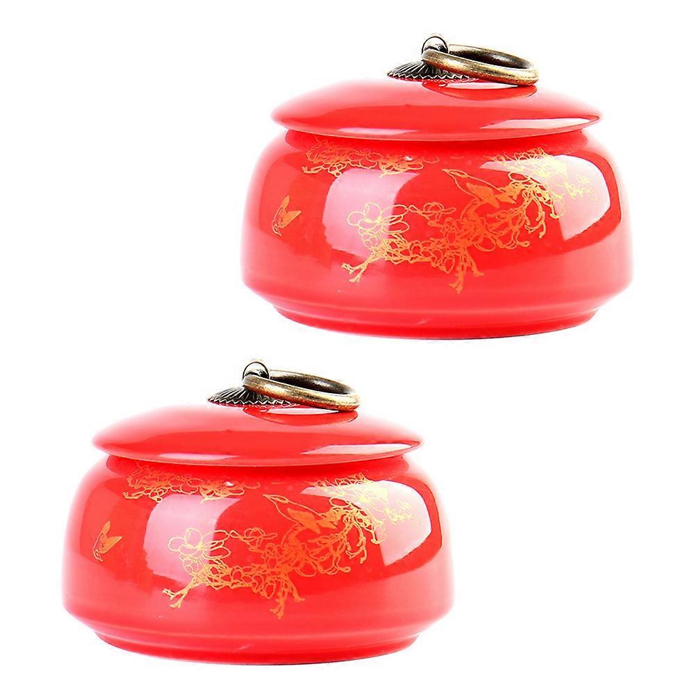 Ceramic Tea Storage Jar in Red for Home Use 2Pcs Canister