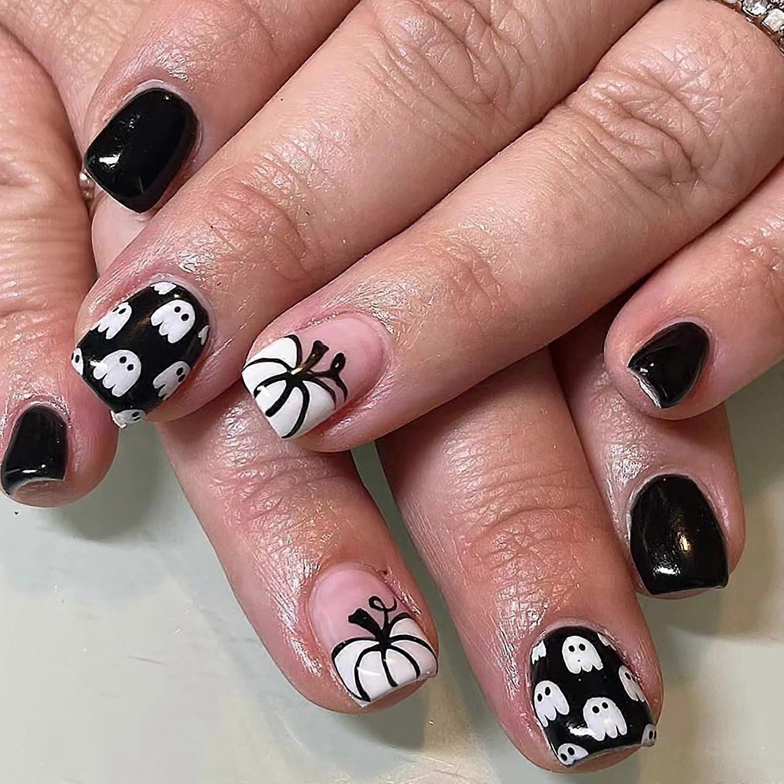 Halloween Short Press On Nails Black Square Acrylic Ghost Pumpkin Design Reusable 24pcs