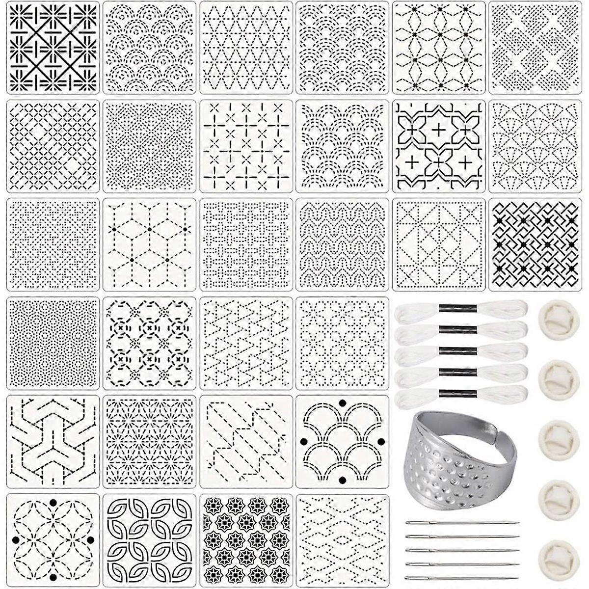 31 PCS Stencils Kit with 3.9 X 3.9 Inch Geometric Pattern(30PCS) and Thread Tool Kit for Beginners