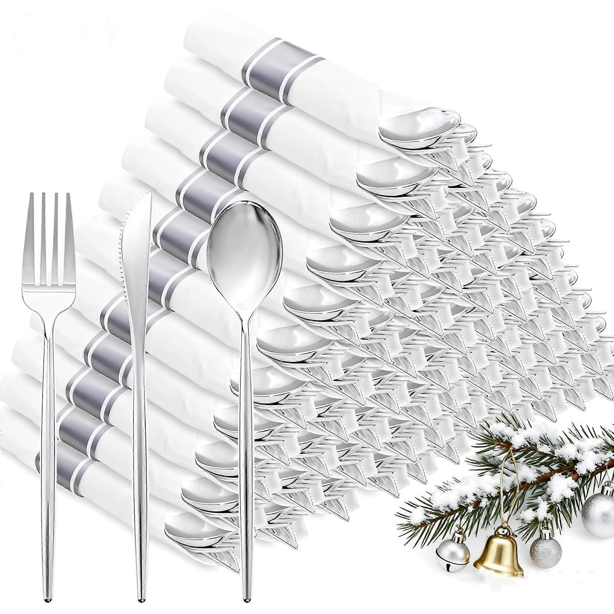 100 Pack Disposable Silverware Set with Napkins, Wrapped Silver Plastic Cutlery for Parties