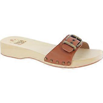 Handmade men's wooden clog sandals with adjustable tan leather band