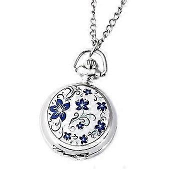 Couple models classic fashion retro quartz small silver lotus blue flower pocket watch