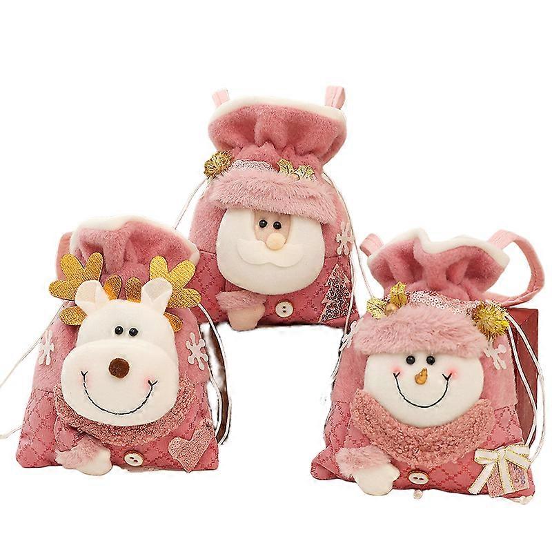 Pink Sequin Christmas Gift Bag Apple Drawstring Pouch 3-Pack