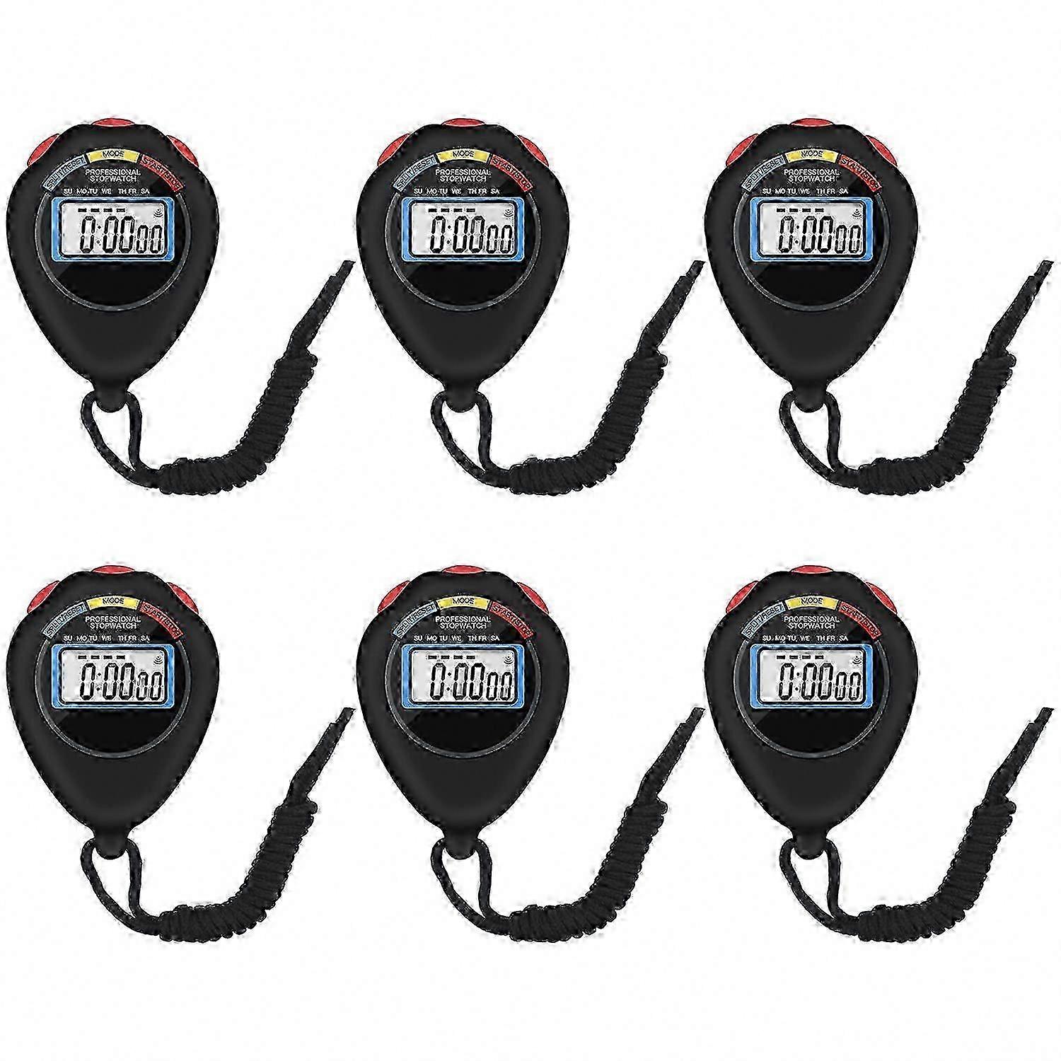 Large Display 6-Pack Multi-Function Electronic Digital Sport Stopwatch Timer with Date, Time & Alarm, Black