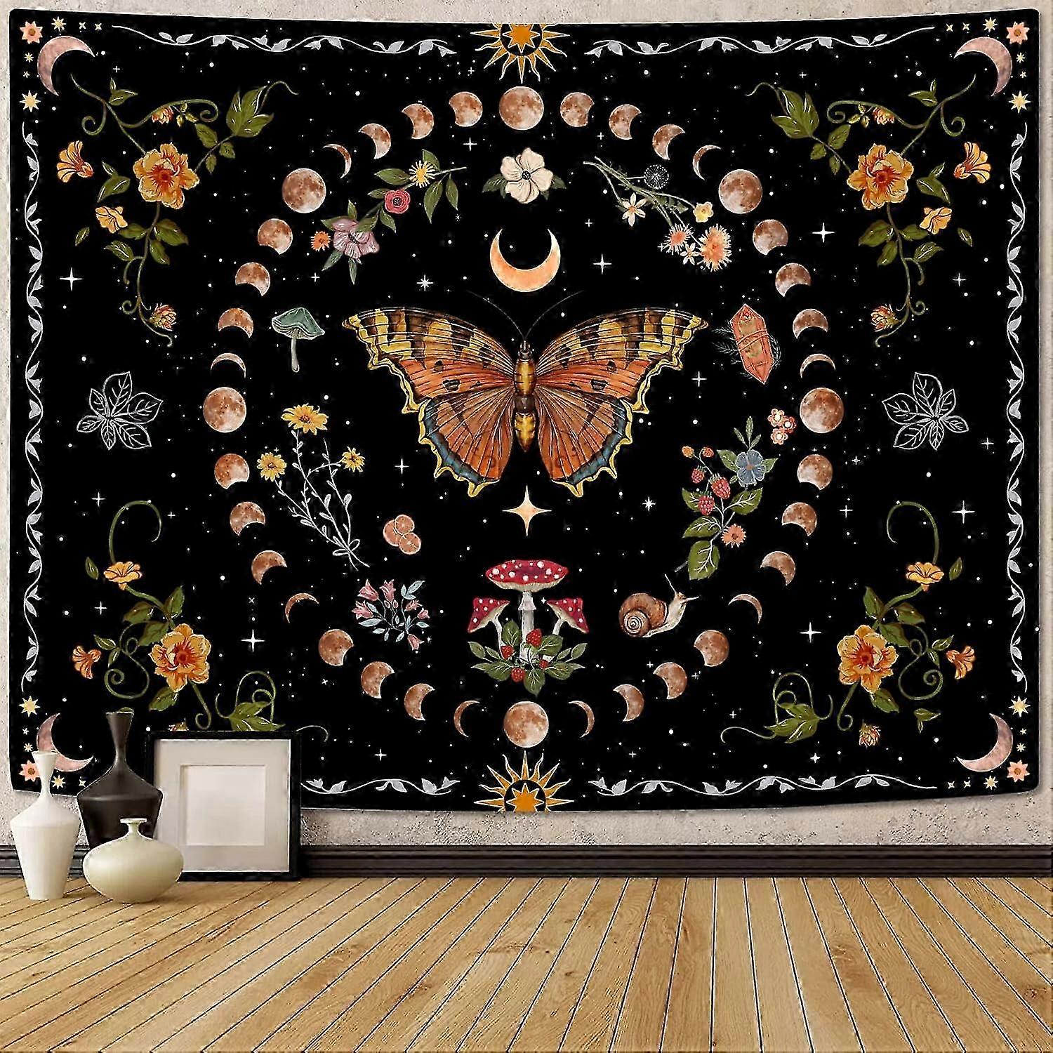 Floral Butterfly Moon Tapestry