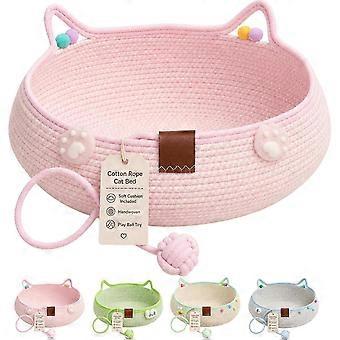Cat Basket Bed with Cushion & Hanging Ball Toy, Handwoven Cotton Rope Cat Bed Basket, Breathable Stimuli Cat Instinct Basket with Cat Ear ooo