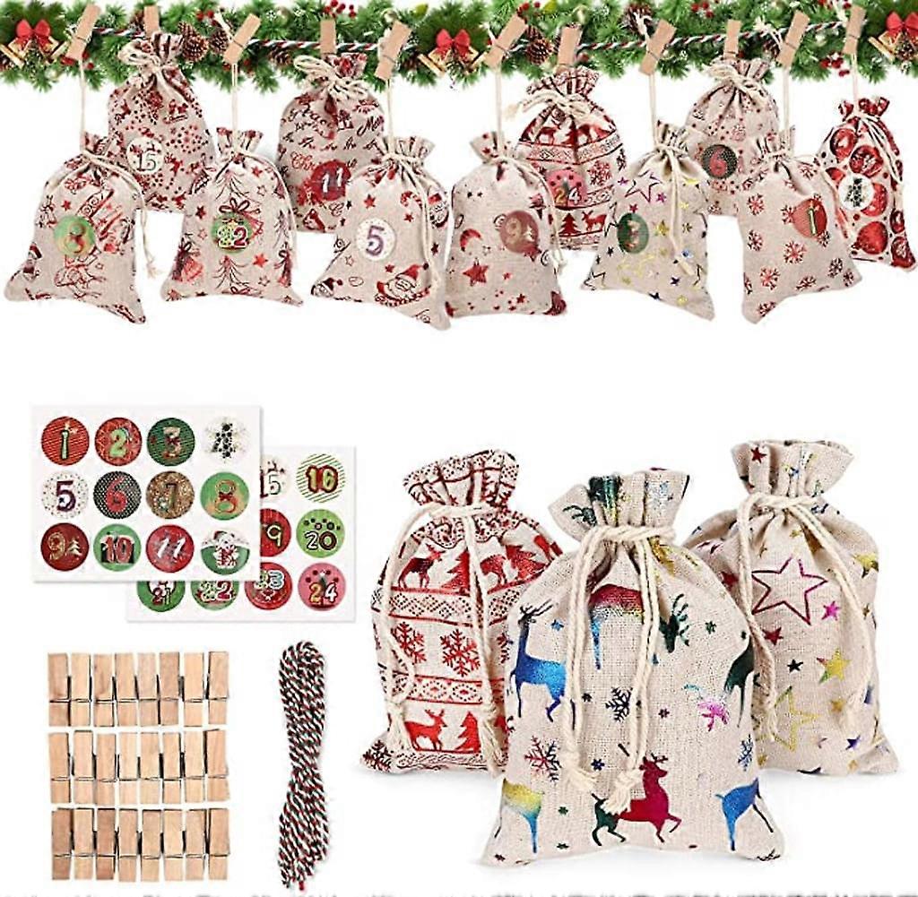 Reusable Burlap Advent Bags Drawstring Fireplace Banner