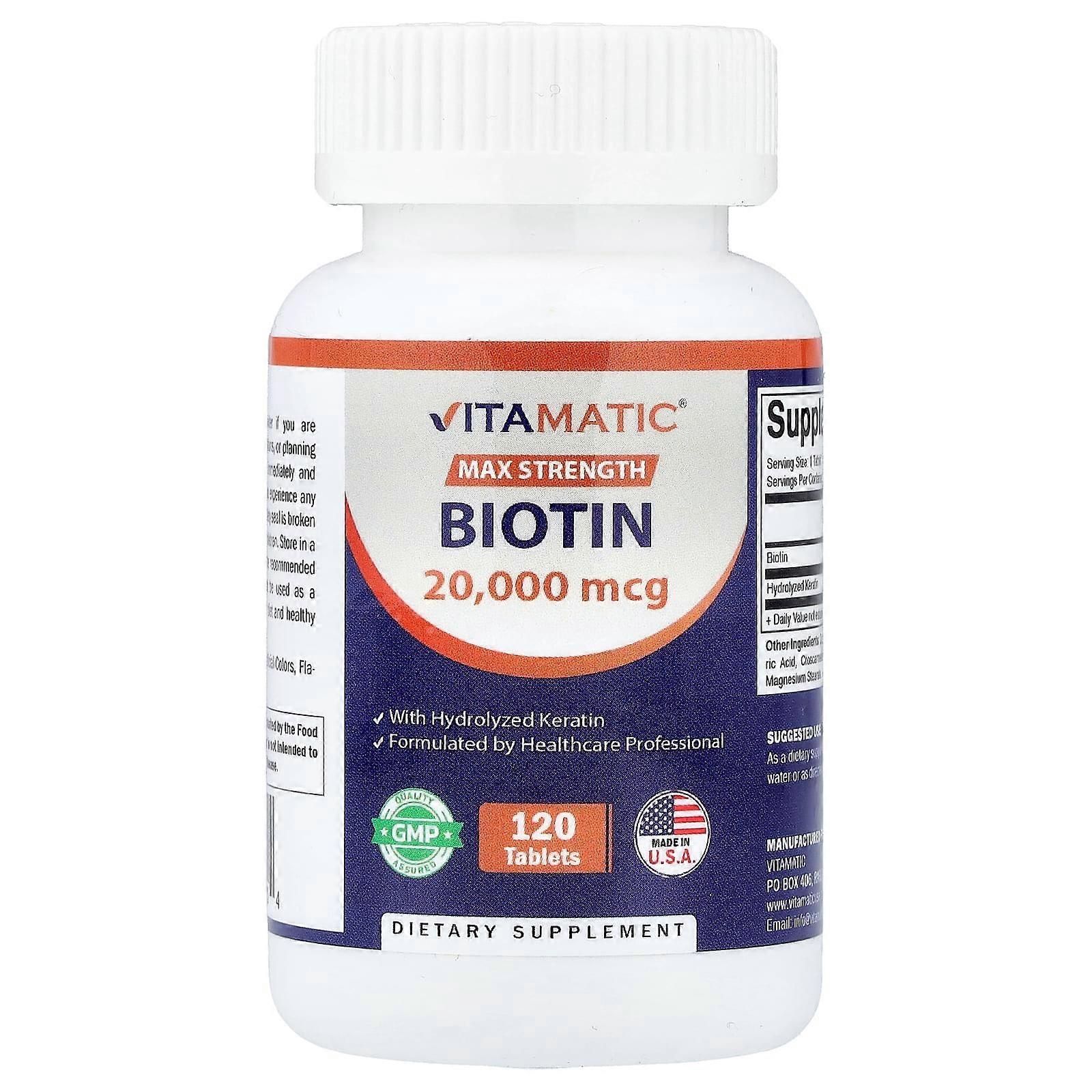 Vitamatic, Biotin, Max Strength, 20,000 mcg, 120 Tablets
