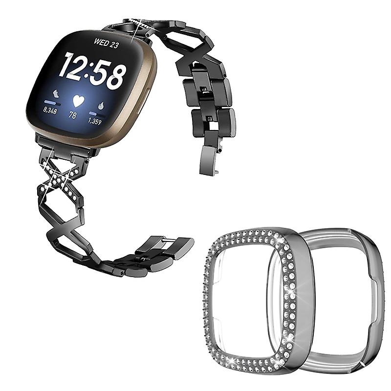 For Fitbit Versa 3/Sense X-Shape Design Bracelet Strap + Two Row Rhinestones Watch Protective Case