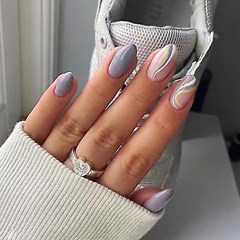 24-pack Women's Wear Nails Oval Style Purple Gray White Yellow Line Wavy For Summer Diy Manicure Tools Full Coverage Nail Stickers