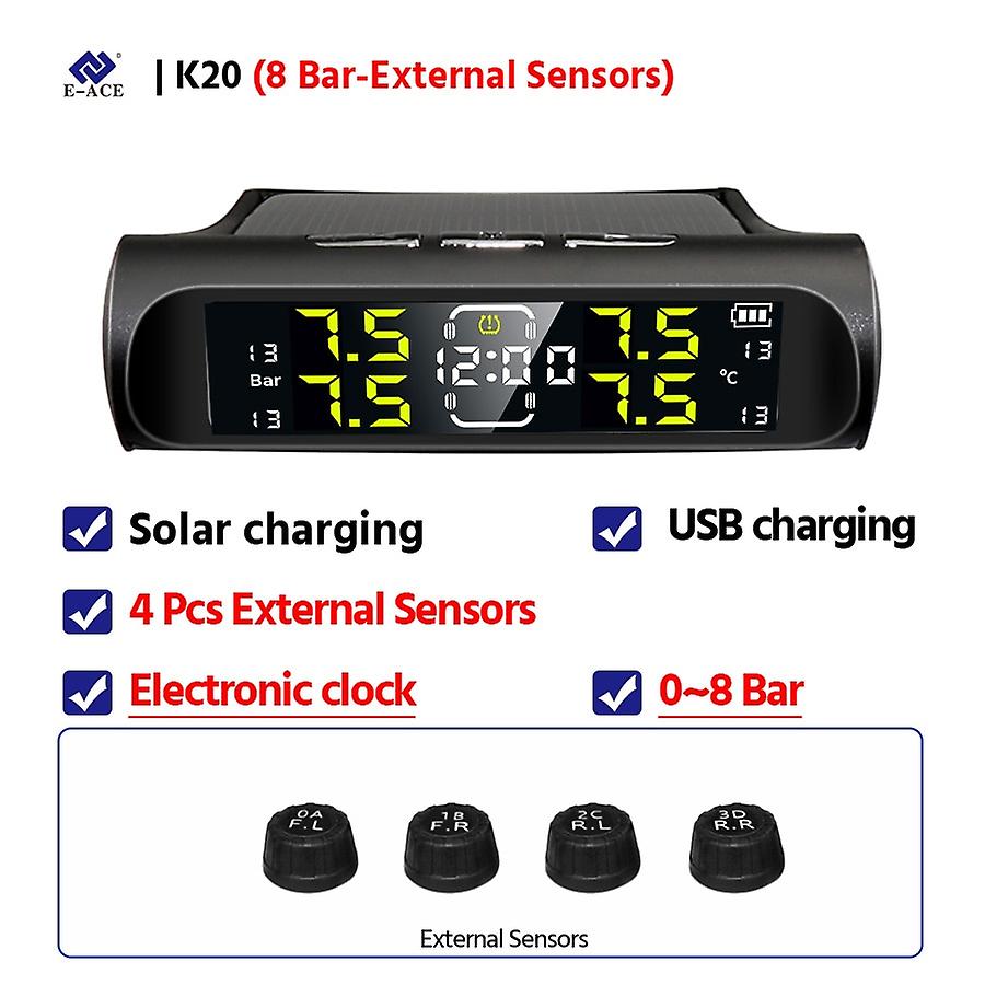 E-ace Electronic Clock Car Tpms 4 Wheel Tyre Pressure Monitoring System Solar Power Usb Charge Tpms Auto Security Alarm Device