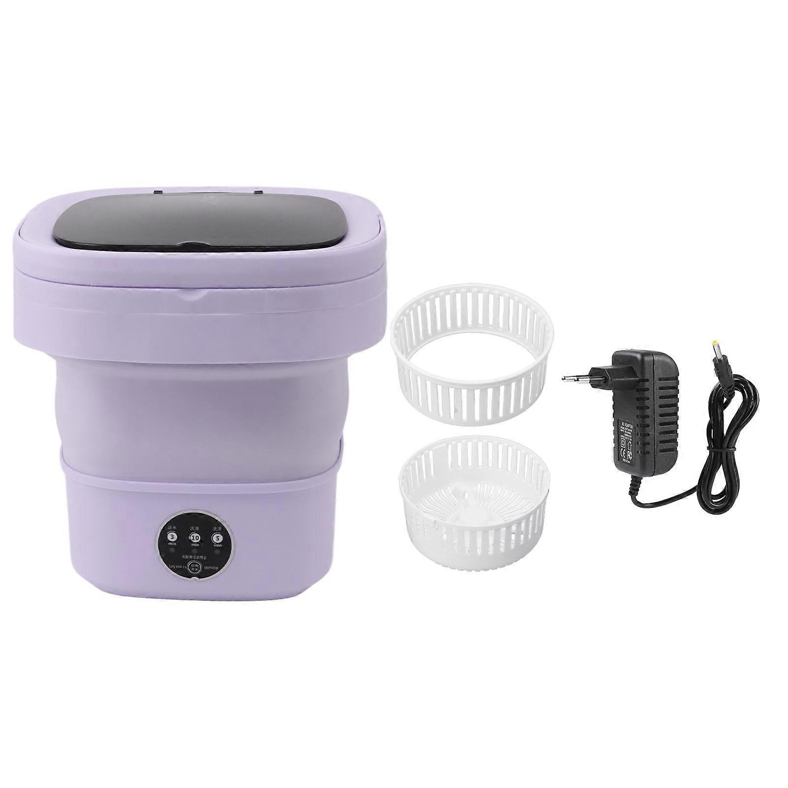 100-240V TPE and PP Foldable Small Washing Machine Built-in Dehydrator 6L Mini Portable Bucket for Underwear Socks EU Plug Purple