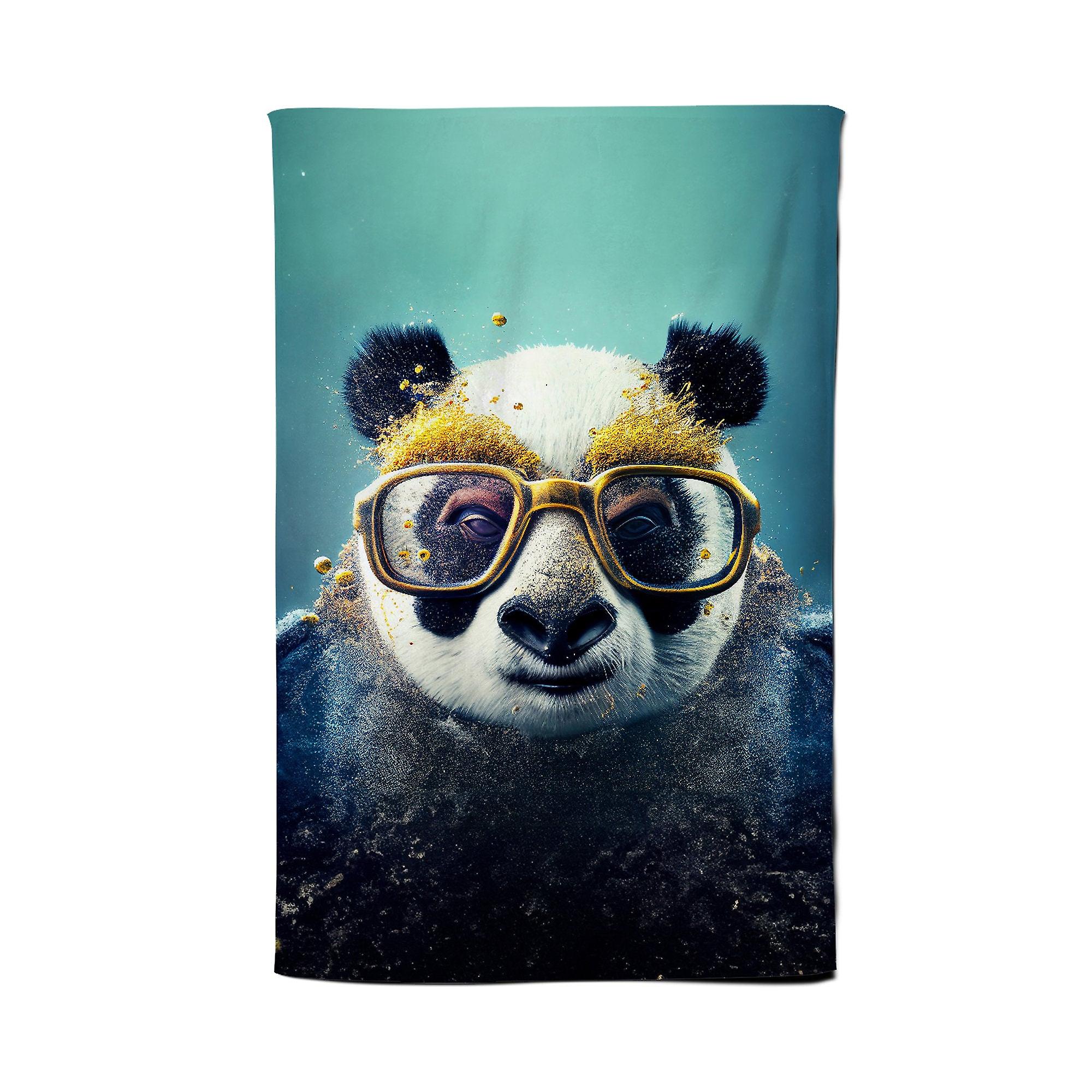 Panda With Golden Glasses Splashart Tea Towel