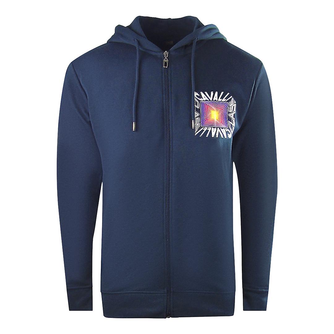 Cavalli Class Aysmmetric Box Design Navy Blue Zip-Up Hoodie