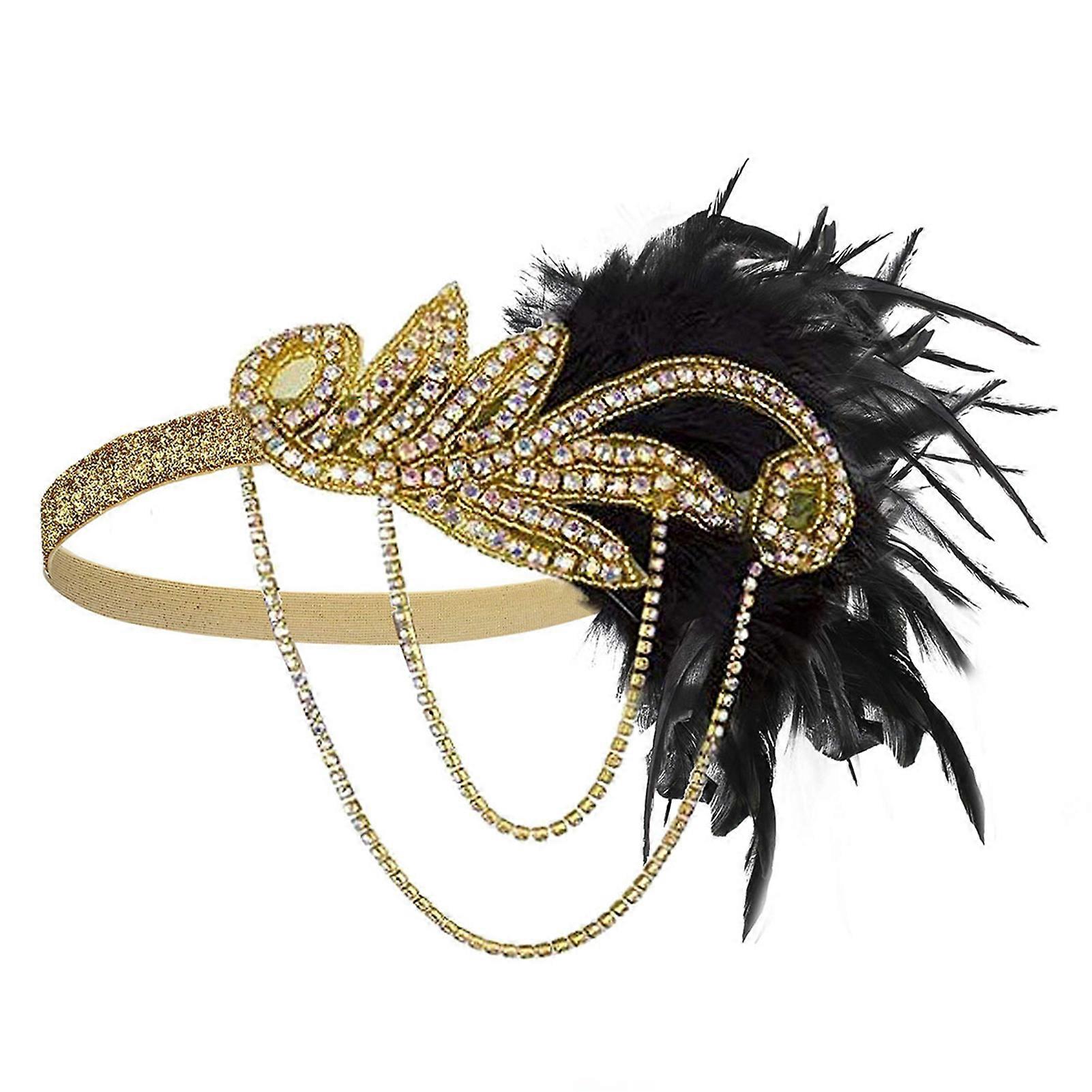 Feather Headband Vintage Style 1920s Flapper Headband Rhinestone Decor Headpiece for Parties Formal Occasions