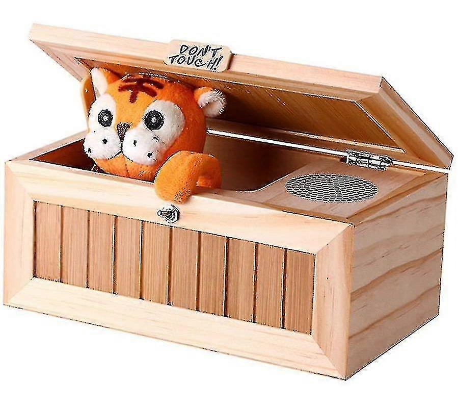 Caixa inútil de madeira, presente de brinquedo tigre com som
