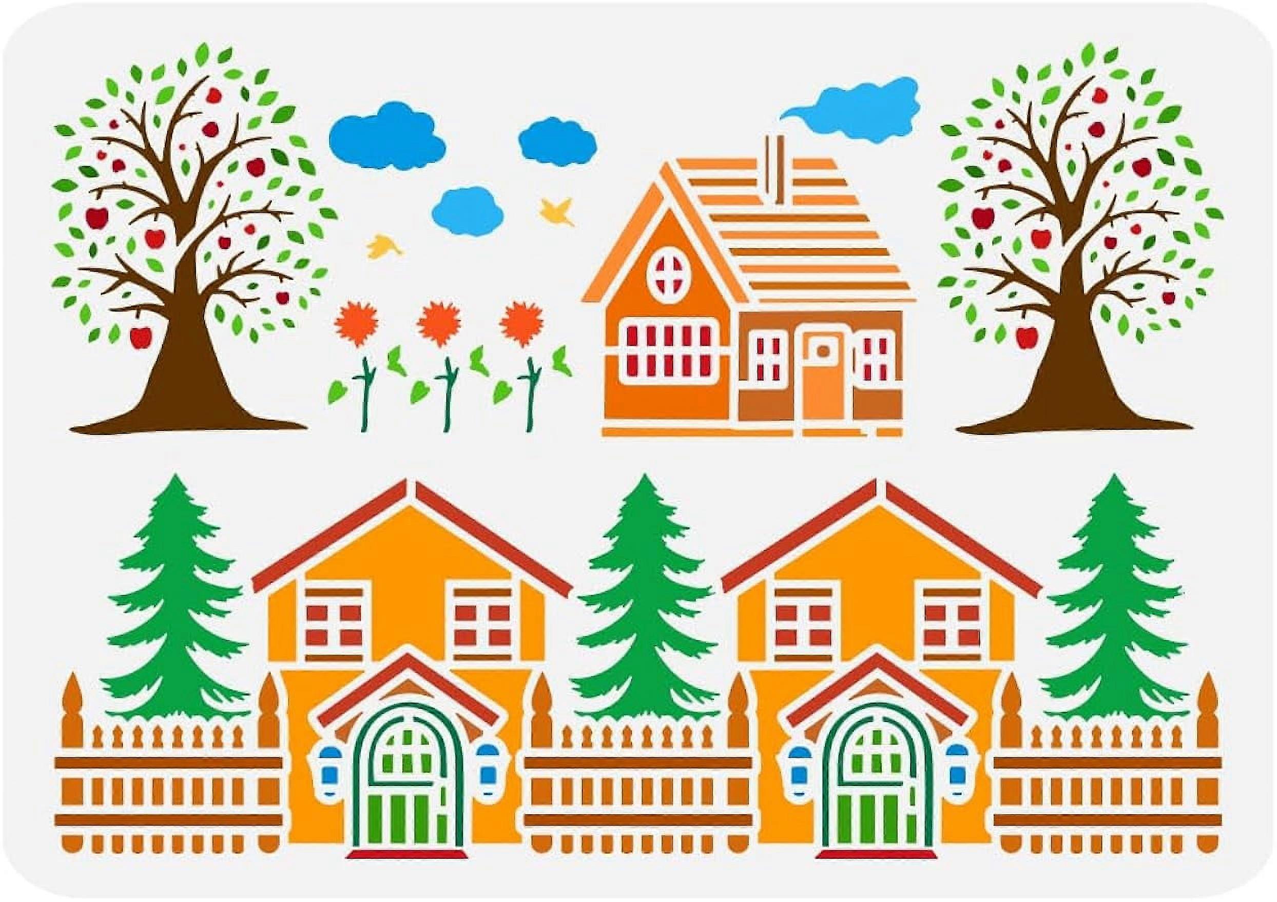 1Pc House Tree Border Painting Stencil Reusable Primitive Art Scene Pattern Drawing Template Pine Tree Cloud with House Stencil for Painting