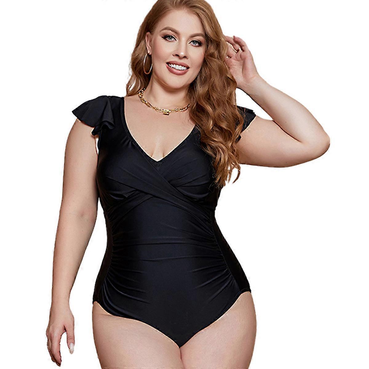 (NYT MØNSTER) Ruffled Plus Size One Piece Badedragter til Kvinder Mavekontrol Badedragter Flounce Badetøj, sort