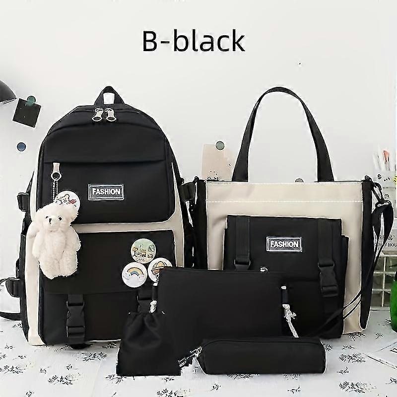 5-delars skolväskor set kawaii ryggsäckar med plyschbjörn och märke, myntbörs, pennfodral, handväska, axelväska för tonåringar flickor pojkar reseryggsäck sc