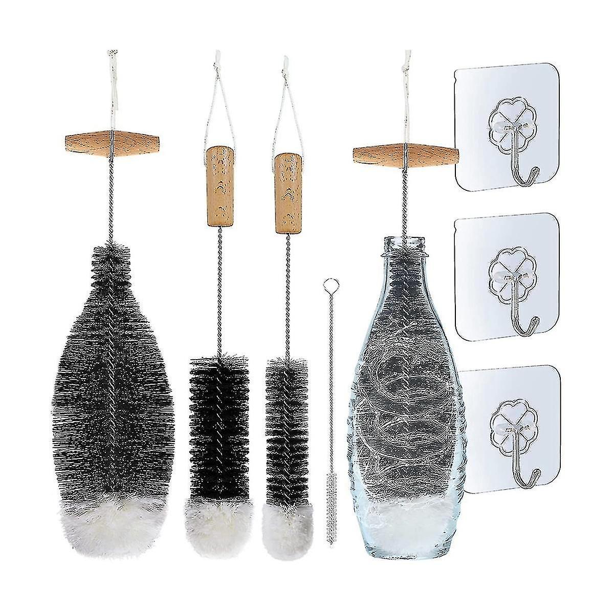 Bottle Brush Cleaning Brush, Pack Of 4 Bottle Brushes And 3 Organising Hooks Bottle Cleaner For Was