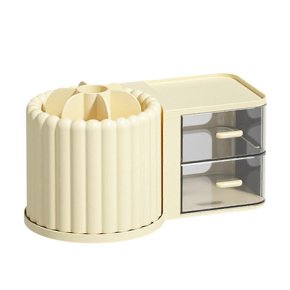 Makeup Brush Holder Organizer with 2 Drawers,360 Rotating Makeup Organizer Countertop,Capacity Display Case Cream Color