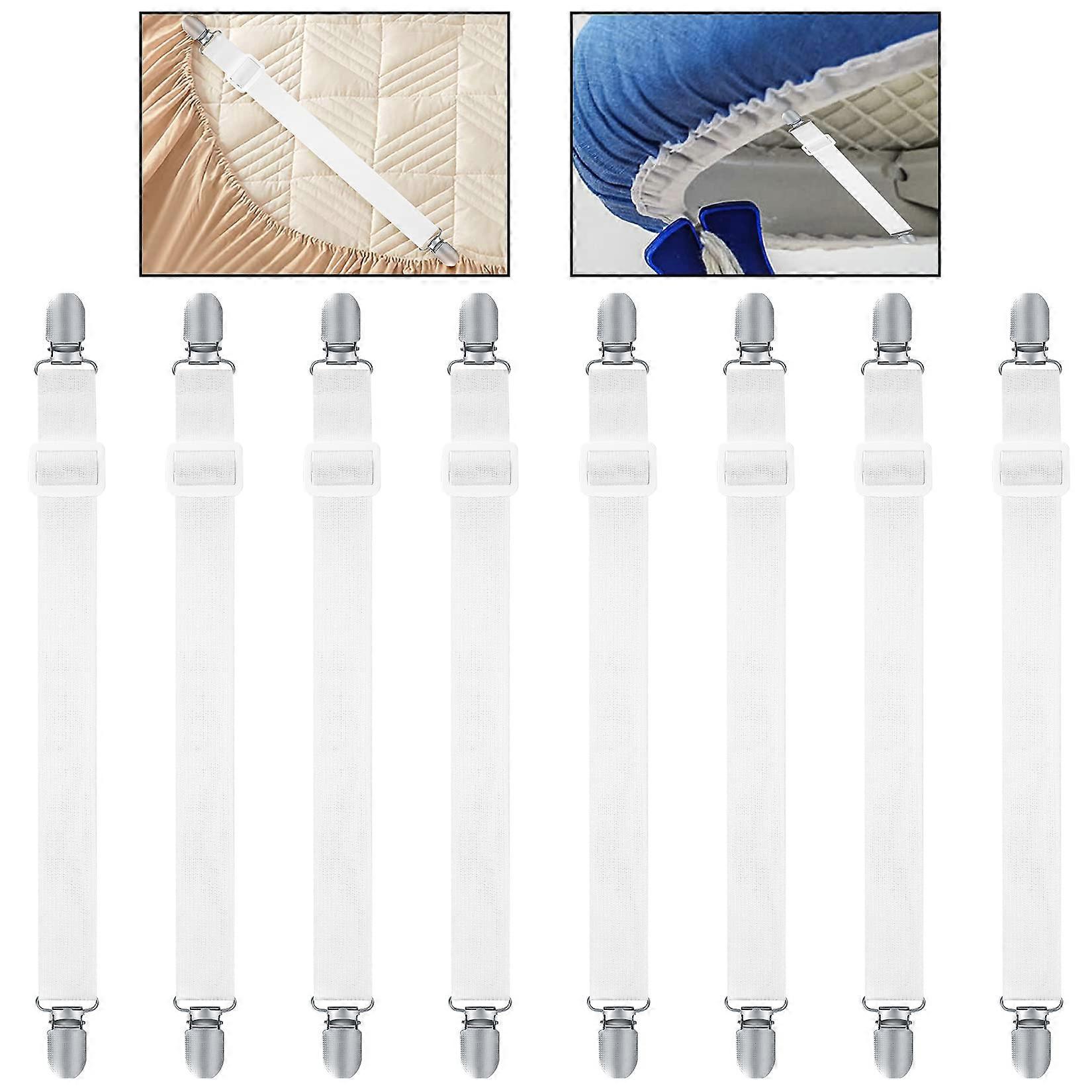 8 Pcs Bed Sheet Clips, Adjustable Bed Sheet Fasteners, Elastic Sheet Straps Suspenders Clips, Heavy Duty Bed Sheet Grippers, White