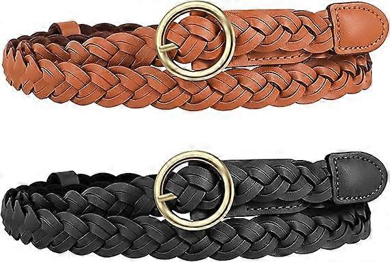 2 pieces of women's retro thin woven straps (camel+black), tight PU leather circular Japanese button woven straps, used for jeans dresses