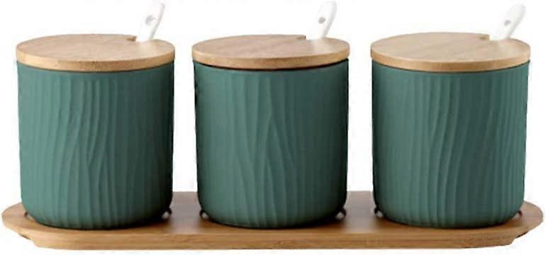 Keramik-Gewürzgefäß mit Deckeln Löffel Serviertablett aus Holz