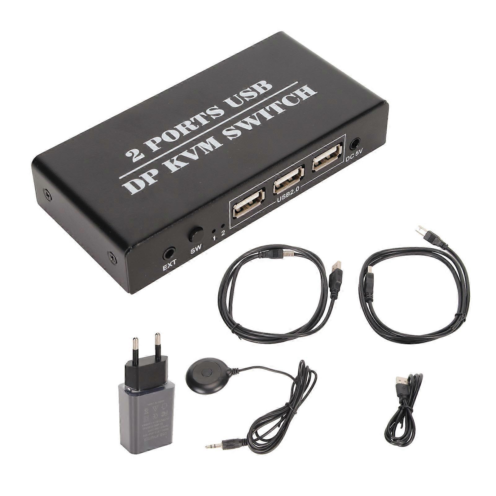 DisplayPort KVM Switch 2 Ports 4K 60Hz Dual Mode Aluminum Alloy Plug and Play KVM Switcher for Keyboard Mouse 100240V EU Plug 100240V